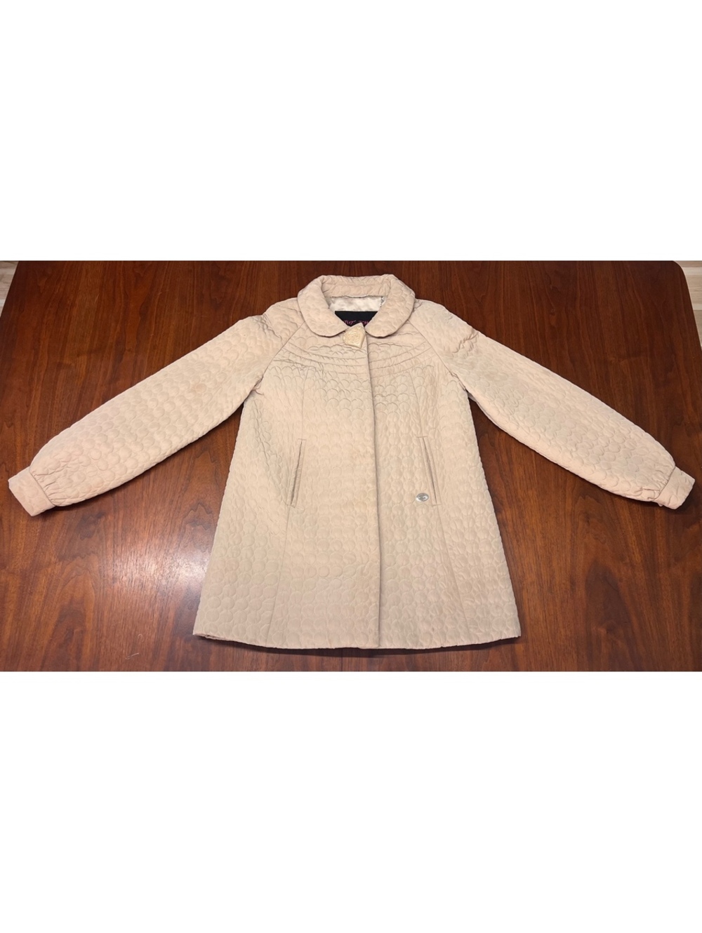 Betsey Johnson Quilted Coat Beige Small Heart Button Bow Back